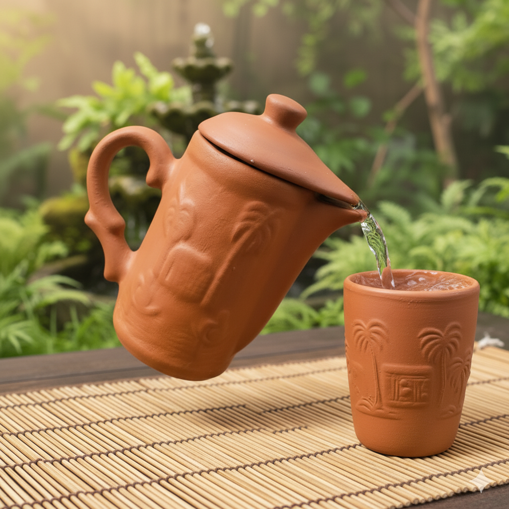 Palm Etched Terracotta Jug