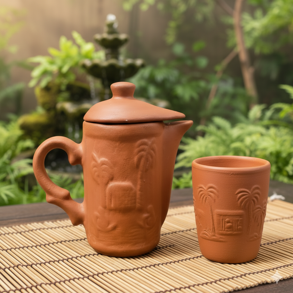 Palm Etched Terracotta Jug